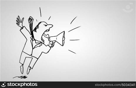 Cartoon of man. Caricature of angry businessman screaming in megaphone on white background