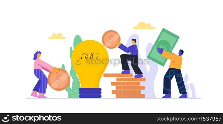 Cartoon people putting money to bulb piggy bank investment into idea or business startup isolated on white. Colorful man and woman working as team crowdfunding concept vector flat illustration. Cartoon people putting money to bulb piggy bank investment into idea or business startup