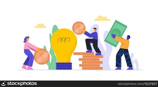 Cartoon people putting money to bulb piggy bank investment into idea or business startup isolated on white. Colorful man and woman working as team crowdfunding concept vector flat illustration. Cartoon people putting money to bulb piggy bank investment into idea or business startup