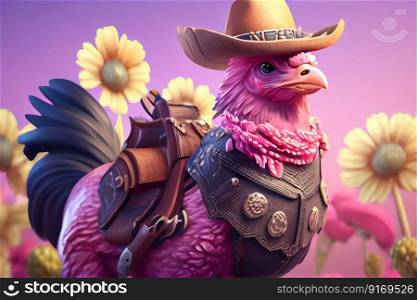 cartoon pink glamour rooster cowboy illustration Generative AI.