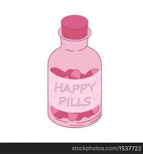 Cartoon pink transparent bottle with inscription happy pills isolated on white background. Colorful medicine capsule vector graphic illustration. Healthcare, drug and medical tablet concept. Cartoon pink transparent bottle with inscription happy pills isolated on white background