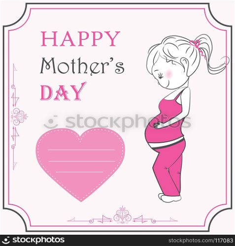 Cartoon pregnant woman and heart. Happy mother day. Vector illustration. Cartoon pregnant woman and heart