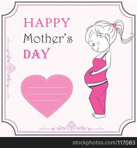 Cartoon pregnant woman and heart. Happy mother day. Vector illustration. Cartoon pregnant woman and heart