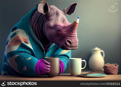 cartoon rhinoceros with a cup of coffee  illustration Generative AI.