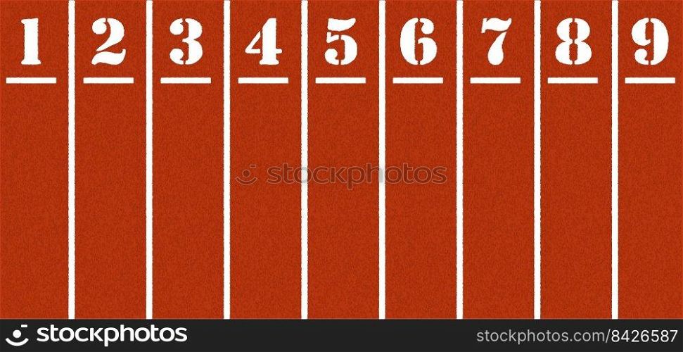 Cartoon running track with lane numbers or track numbers. Place where people exercise or sport place. lanes of running track. Start, finish point, sport field. Raceway, lines and numbers from top view