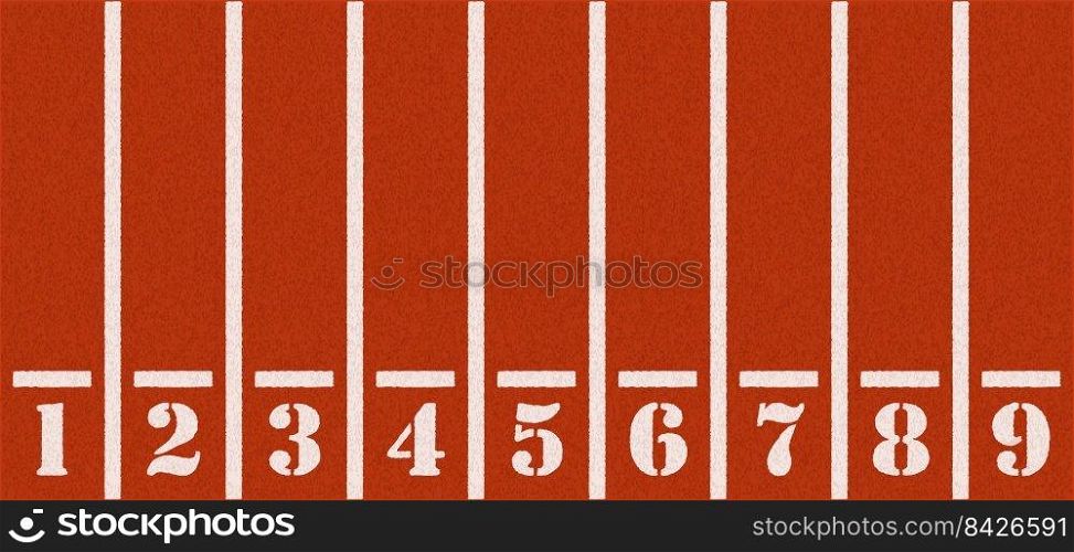 Cartoon running track with lane numbers or track numbers. Place where people exercise or sport place. lanes of running track. Track and field sports. Raceway, lines and numbers from top view