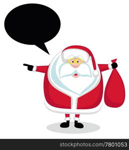 Cartoon Santa with speech bubble holding red bag and pointing left. Santa with speech bubble