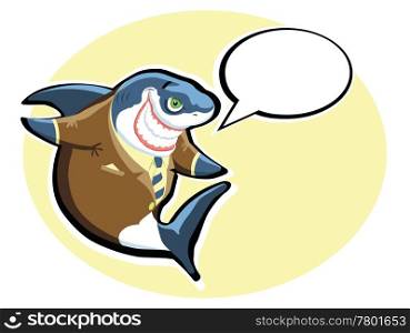 Cartoon shark in the suit with speech bubble. Business shark in the suite