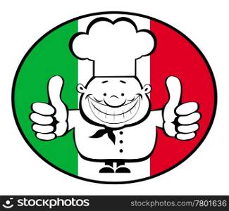 Cartoon smiling chef showing thumbs up on italian flag background. Separate layers. Happy chef logo