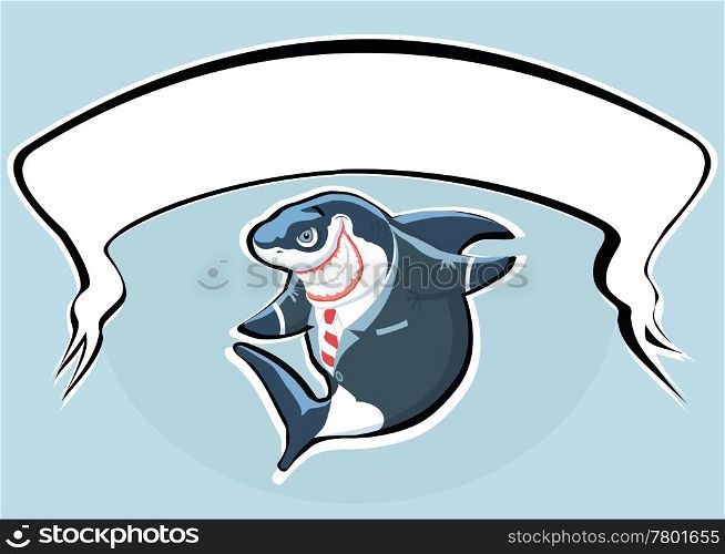 Cartoon smiling shark in the suit with copy space. Smiling shark of business with banner. Vector