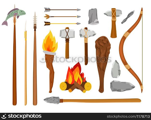 Cartoon stone age tools. Primitive caveman elements isolated on white background, prehistoric savage tools stone ax, fire and mace vector illustration. Cartoon stone age tools