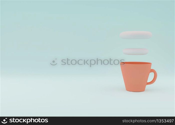 Cartoon style a cup of coffee on pastel blue background. 3D rendering.
