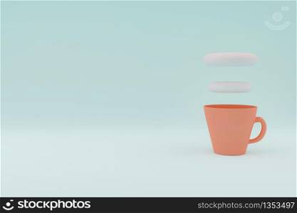 Cartoon style a cup of coffee on pastel blue background. 3D rendering.