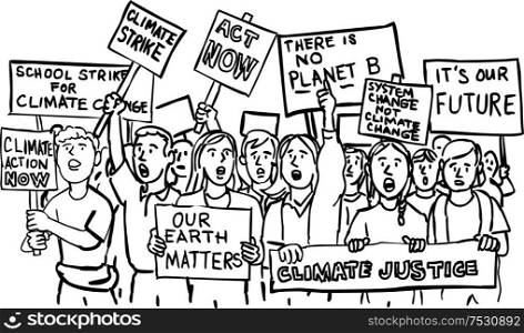 Cartoon style illustration of a group of young students or kids with placards protesting on Climate Change done in black and white on isolated background.. Young Students Protesting on Climate Change Drawing