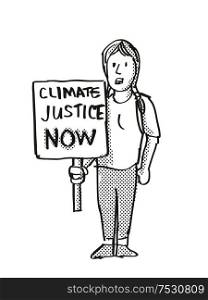 Cartoon style illustration of a young student or child with placard, Climate Justice Now protesting on Climate Change done in black and white on isolated background.. Young Student Protesting Climate Justice Now on Climate Change Drawing
