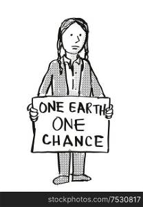 Cartoon style illustration of a young student or child with placard, One Earth One Chance protesting on Climate Change done in black and white on isolated background.. Young Student Protesting One Earth One Chance on Climate Change Drawing