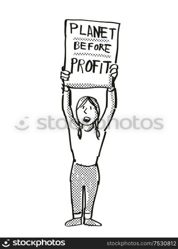 Cartoon style illustration of a young student or child with placard, Planet Before Profit protesting on Climate Change done in black and white on isolated background.. Young Student Protesting Planet Before Profit on Climate Change Drawing