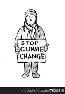 Cartoon style illustration of a young student or child with placard, Stop Climate Change protesting on Climate Change done in black and white on isolated background.. Young Student Protesting Stop Climate Change on Climate Change Drawing