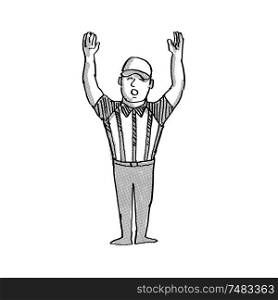 Cartoon style illustration of an American football official or referee done in black and white on isolated white background. American Football Official Cartoon Black and White