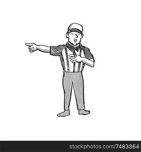 Cartoon style illustration of an American football official or referee done in black and white on isolated white background. American Football Official Cartoon Black and White