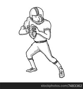 Cartoon style illustration of an American football player done in black and white on isolated white background. American Football Player Cartoon Black and White