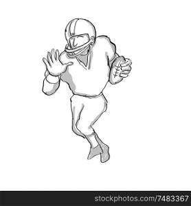 Cartoon style illustration of an American football player done in black and white on isolated white background. American Football Player Cartoon Black and White
