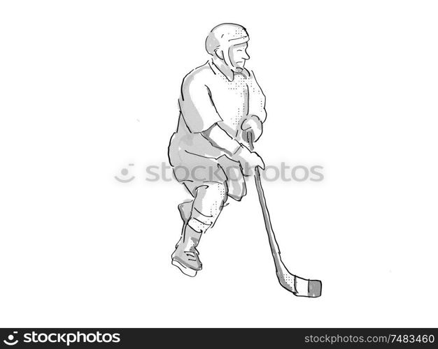 Cartoon style illustration of an ice hockey player in action pose on isolated white background done in retro black and white.. Ice Hockey Player Cartoon Isolated