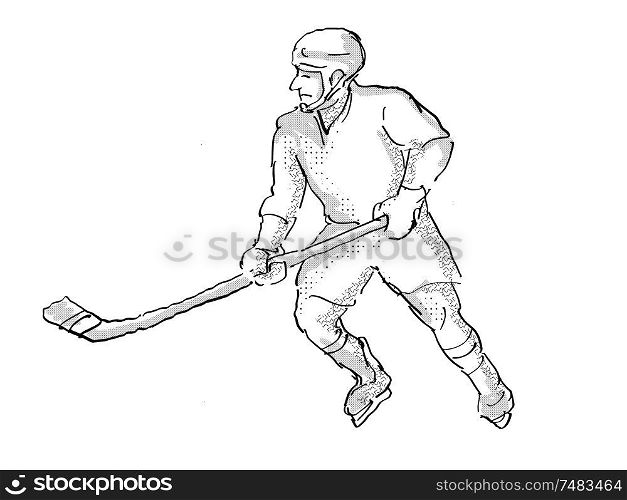 Cartoon style illustration of an ice hockey player in action pose on isolated white background done in retro black and white.. Ice Hockey Player Cartoon Isolated