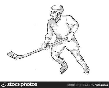 Cartoon style illustration of an ice hockey player in action pose on isolated white background done in retro black and white.. Ice Hockey Player Cartoon Isolated