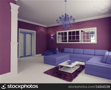 cartoon-style modern living room interior (computer generated image)