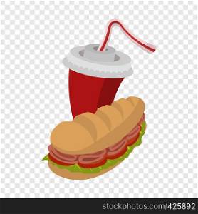 Cartoon submarine sandwich and soda on transparent background. Sandwich and soda