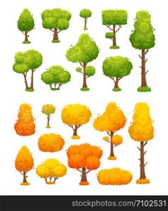 Cartoon tree. Cute wood plants and bushes. Green and yellow autumn summer planting trees sign for garden forest eco park environmental planet wood plant vector landscape isolated icon elements set. Cartoon tree. Cute wood plants and bushes. Green and yellow autumn trees vector landscape elements