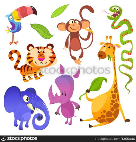 Cartoon tropical animal characters. Wild cartoon cute animals collections vector. Big set of cartoon jungle animals flat vector illustration. Toucan, monkey, tiger, snake, elephant, rhino, giraffe