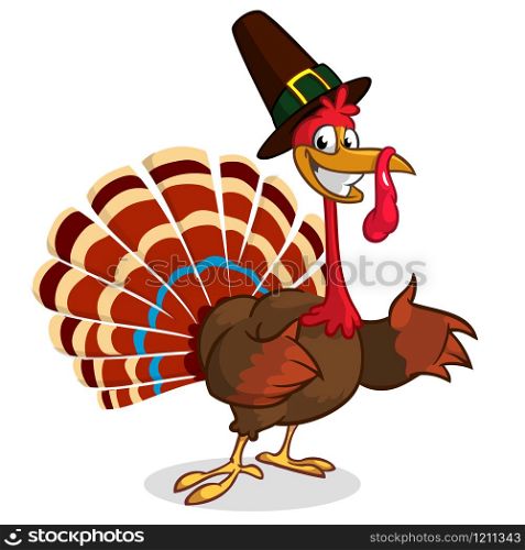 Cartoon turkey in pilgrim hat. Thanksgiving vector illustration isolated on white background