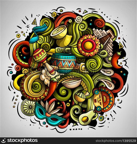 Cartoon vector doodles Latin America illustration. Colorful, detailed, with lots of objects background. All objects separate. Bright colors latinamerican funny picture. Cartoon vector doodles Latin America illustration