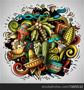 Cartoon vector doodles Latin America illustration. Colorful, detailed, with lots of objects background. All objects separate. Bright colors latinamerican funny picture. Cartoon vector doodles Latin America illustration