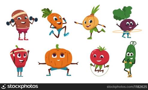 Cartoon vegetables exercises. Healthy food characters doing fitness activities and sport workout. Vector cute and funny vegetable set drawing food happy flat fresh character. Cartoon vegetables exercises. Healthy food characters doing fitness activities and sport workout. Vector cute and funny vegetable set
