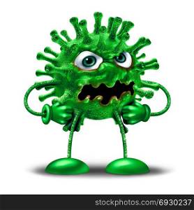 Cartoon virus character as a green disease monster creature as a health medicine or medical pathology symbol as a pathogen clip art icon on a white background as a 3D illustration.