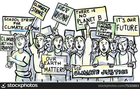 Cartoon watercolor illustration of a group of young students or kids with placards protesting on Climate Change done in full color on isolated white background.. Young Students Protesting on Climate Change Watercolor