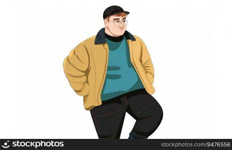 Cartoony Flat Plus Size Gen Z Guy in Specs Wearing Yellow Coat