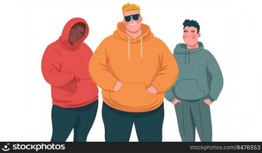 Cartoony Flat Plus Size Gen Z Guys in Specs Wearing Yellow Coat