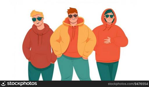 Cartoony Flat Plus Size Gen Z Guys in Specs Wearing Yellow Coat