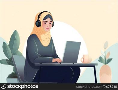 Cartoony illustration of a woman with hijab working from home