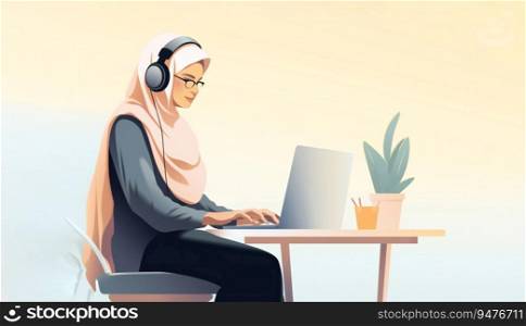 Cartoony illustration of a woman with hijab working from home