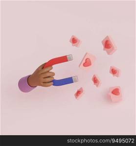 Cartton hand holding magnet attracting social media likes. 3d render illustration