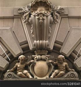 Carved churebs on facade of a building in Manhattan, New York City, U.S.A.