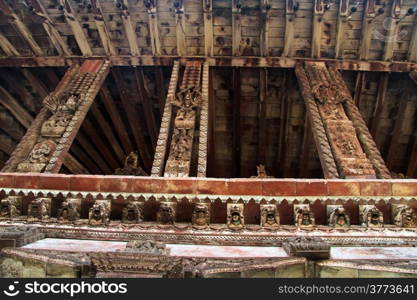 Carved columns and roof of temple in Bhaktapur, Nepal