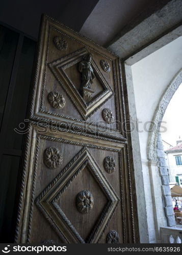 Carved details on church door, Kotor, Bay of Kotor, Montenegro