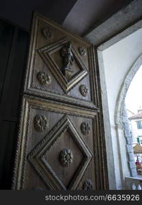 Carved details on church door, Kotor, Bay of Kotor, Montenegro