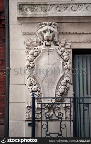Carved emblem on the wall of a building in Boston, Massachusetts, USA